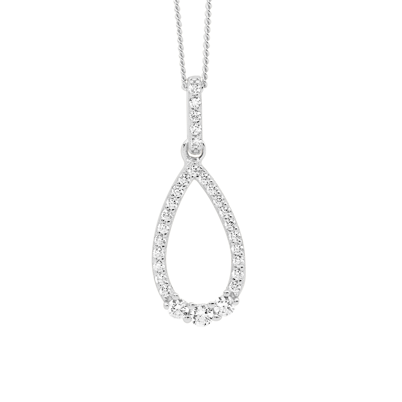 Sterling Silver White CZ open tear drop pendant,3x cz feature