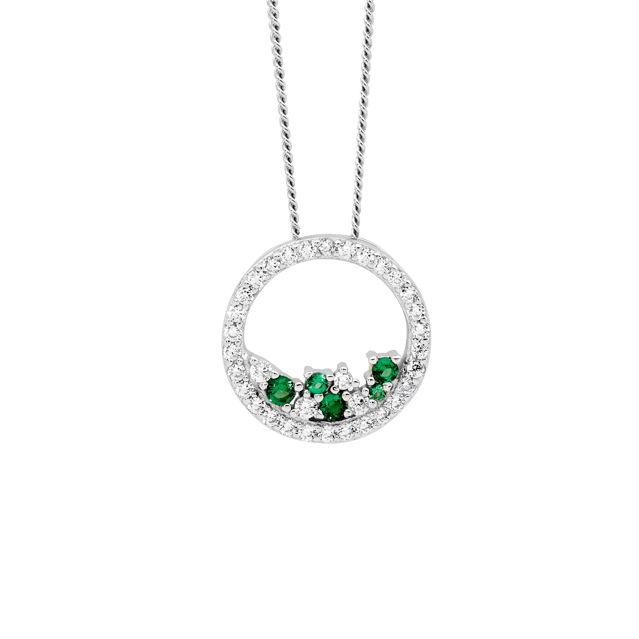 Sterling Silver White CZ 14mm open circle pendant  with  scattered green & White CZ