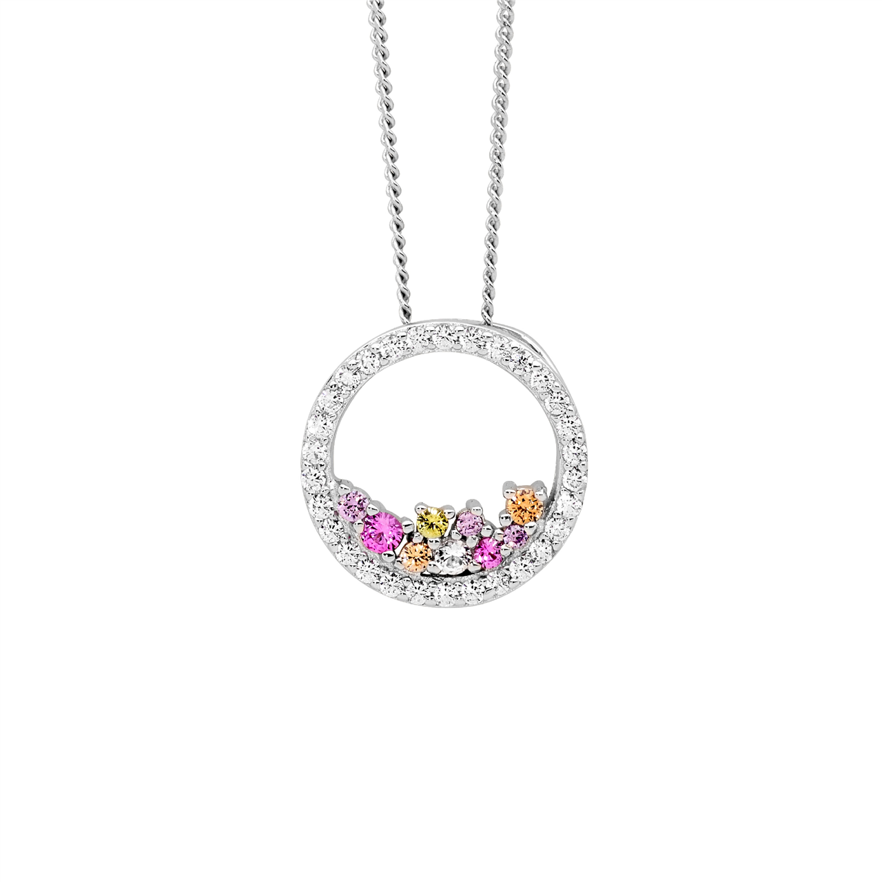 Sterling Silver White CZ 14mm open circle pendant  with  scattered pastel colour cz