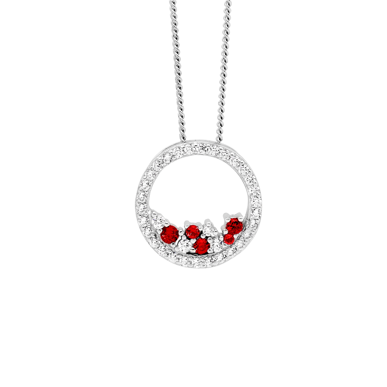 Sterling Silver White CZ 14mm open circle pendant  with  scattered red & White CZ
