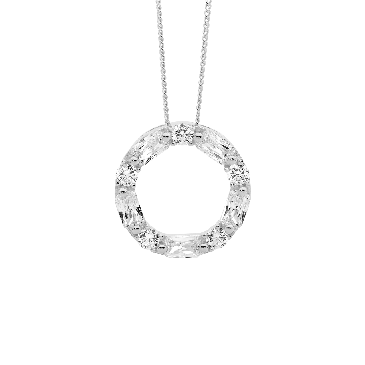 Sterling Silver White CZ round & baguette 18mm circle pendant