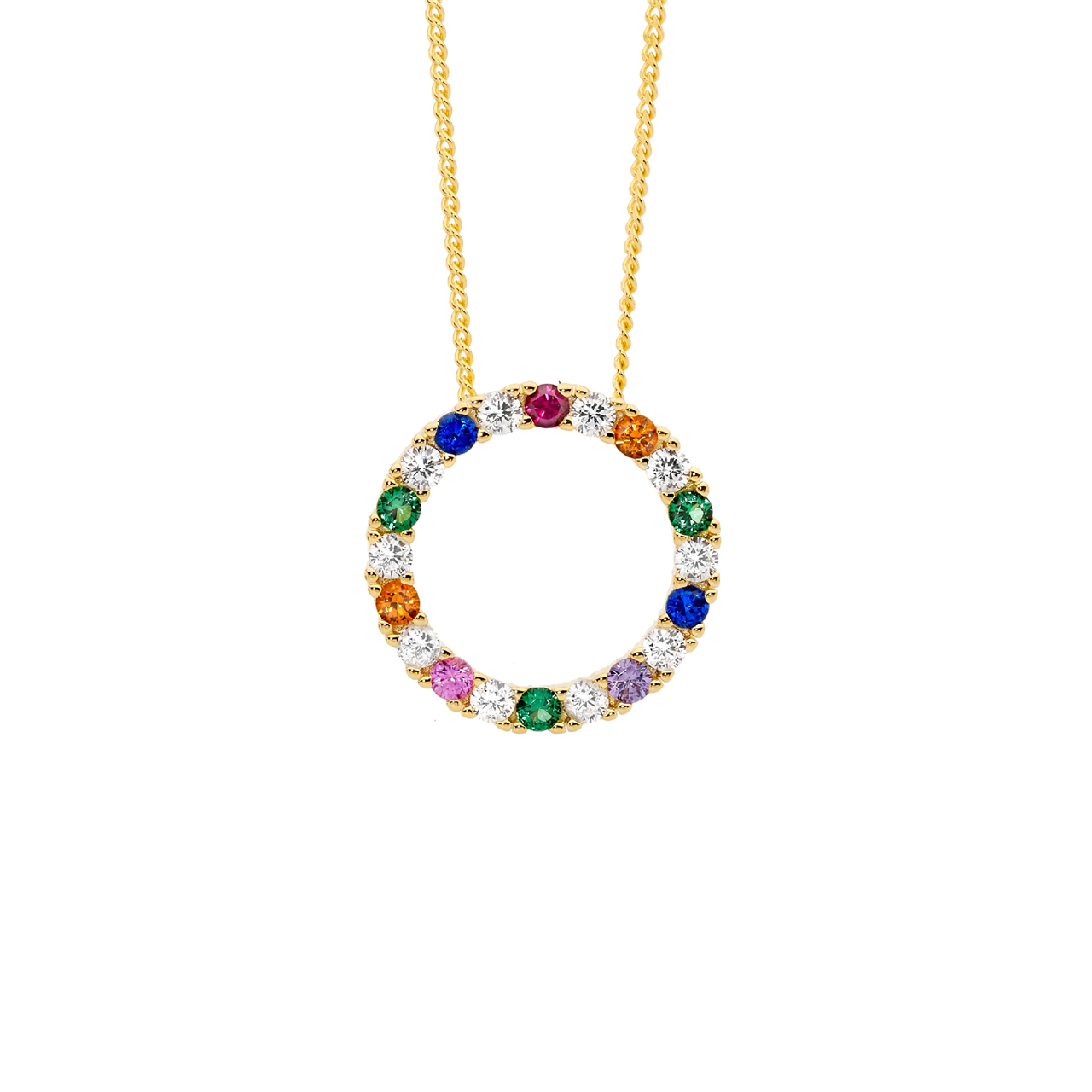 Sterling Silver with & multi colour cz 16mm open circle pendant  with gold plating