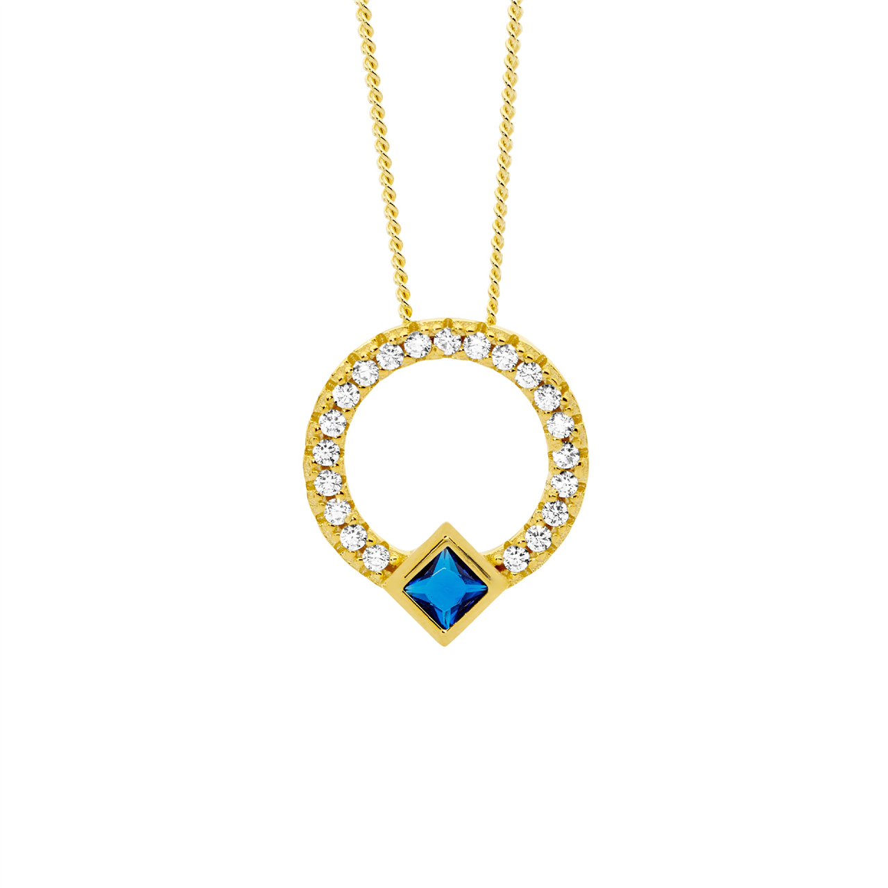 Sterling Silver White CZ 13mm open circle pendant, dk blue cz Princess bezel set  with gold plating