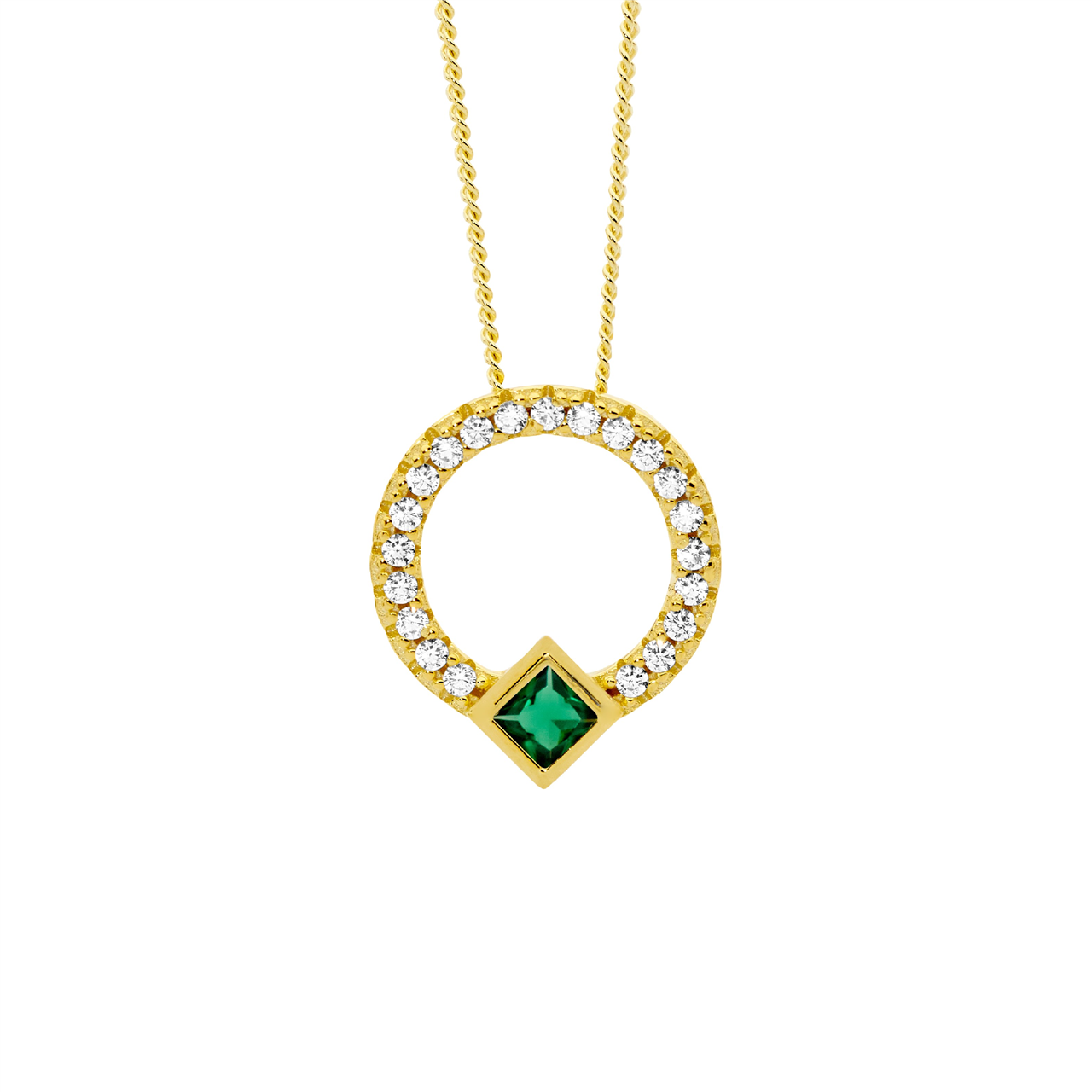 Sterling Silver White CZ 13mm open circle pendant, green cz Princess bezel set  with gold plating