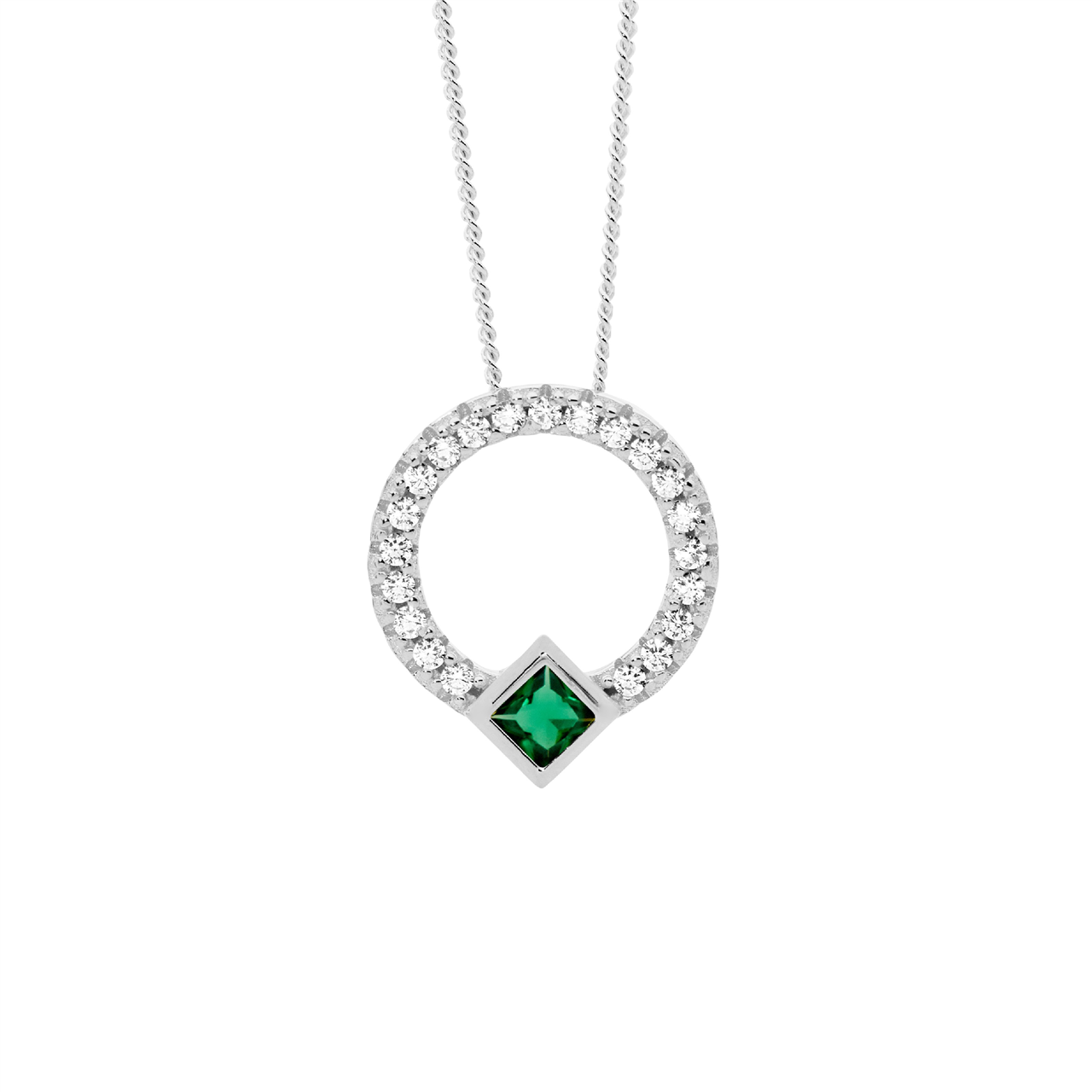 Sterling Silver White CZ 13mm open circle pendant  with  green cz Princess cut bezel set