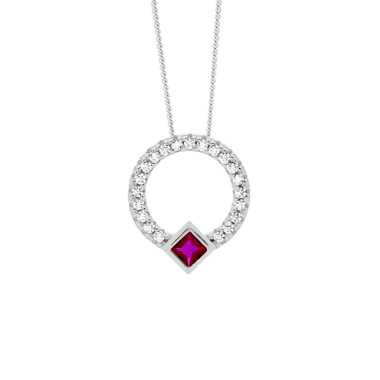 Sterling Silver White CZ 13mm open circle pendant  with  red cz Princess cut bezel set