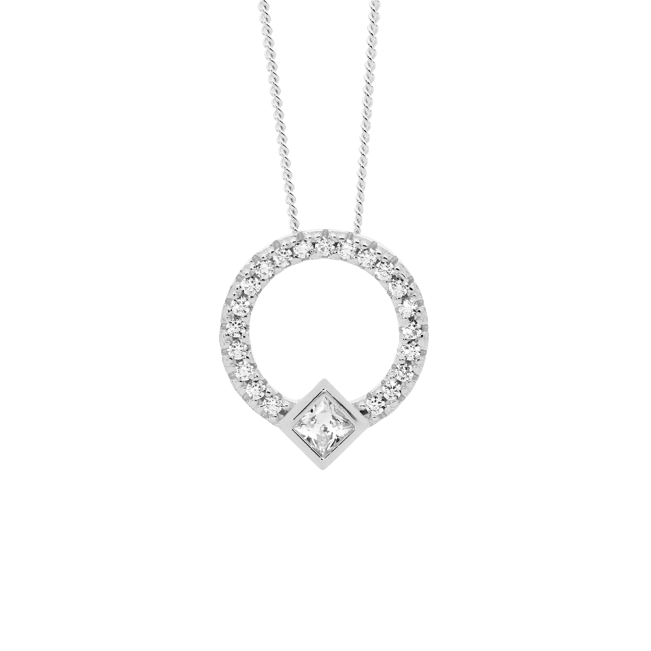Sterling Silver White CZ 13mm open circle pendant  with  Princess cut bezel set