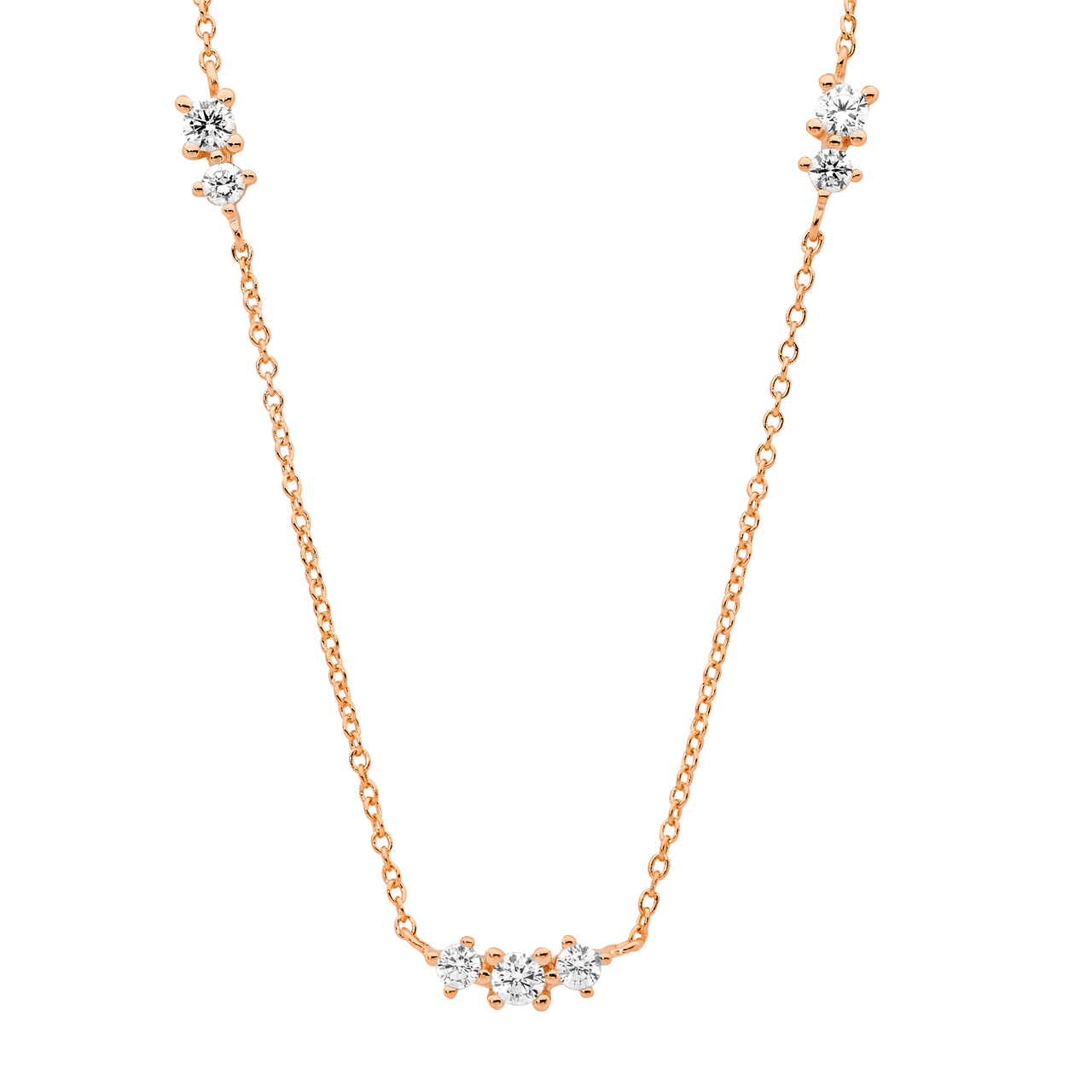 Sterling Silver White CZ x3 groups on 40cm chain plus 5cm ext.  with rose gold plating