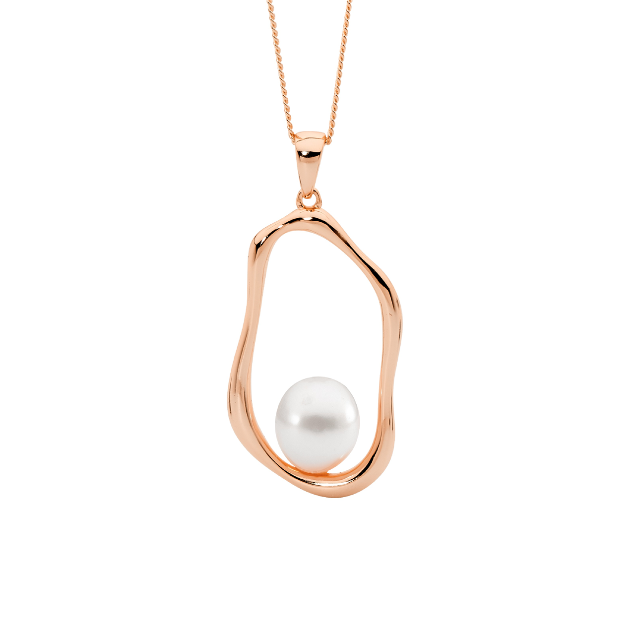 Sterling Silver open wave oval pendant  with  freshwater pearl, rose gold plating