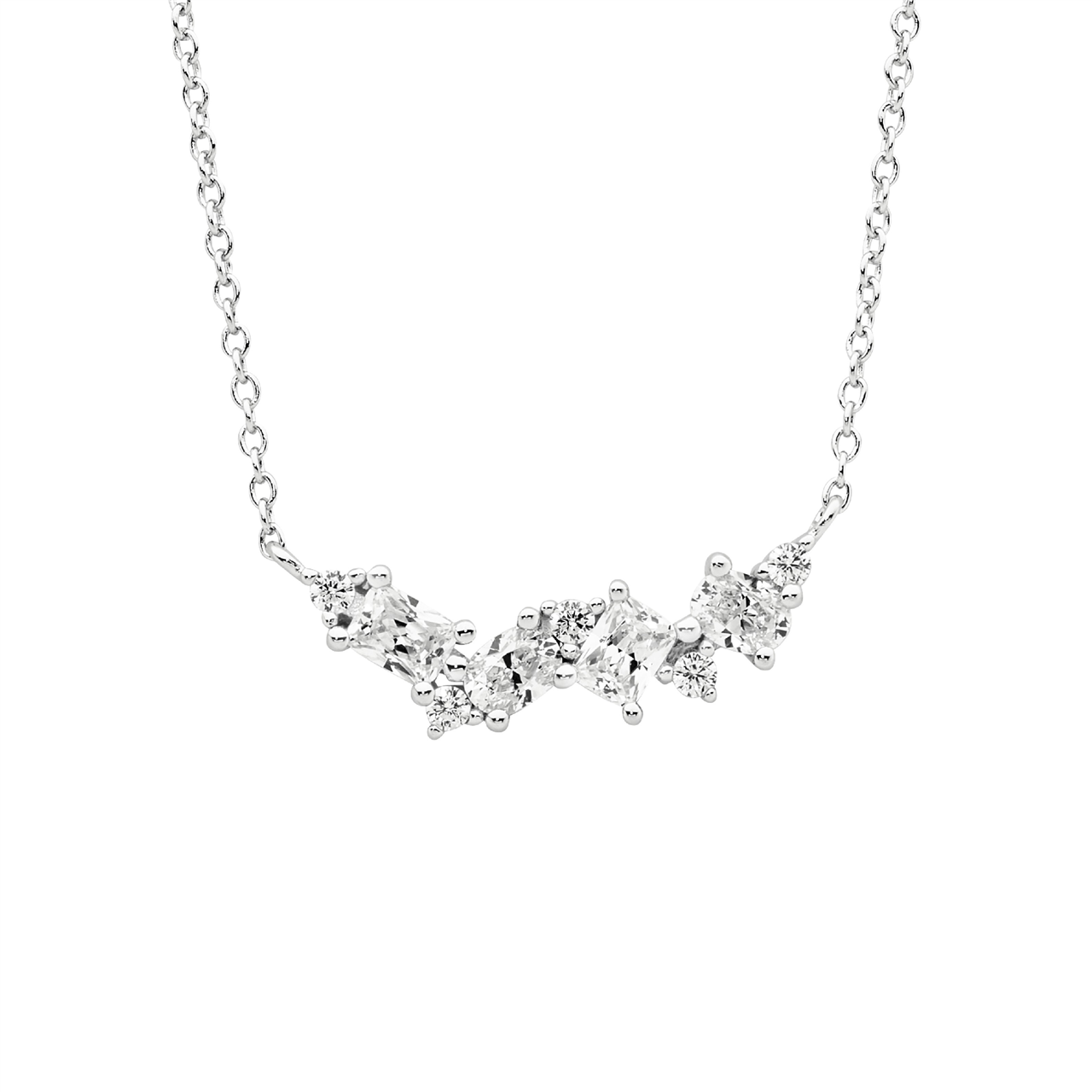 Sterling Silver multi shape White CZ cluster on 40cm chain plus 5cm ext.