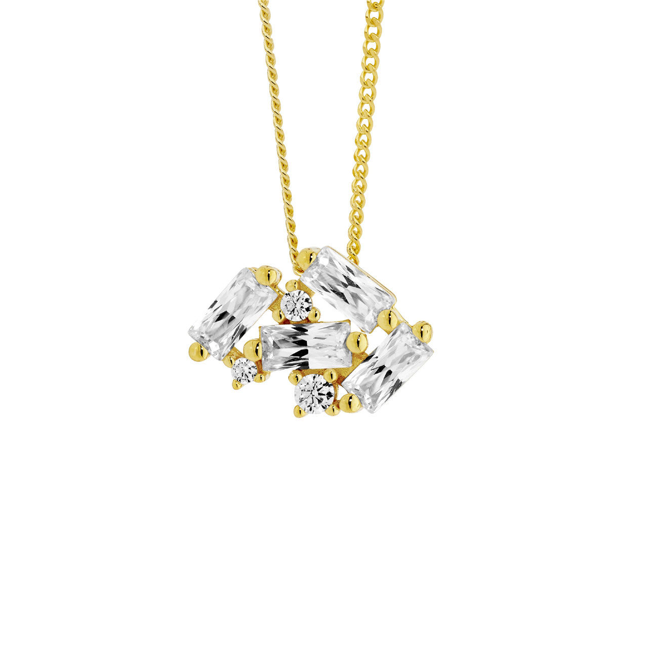 Sterling Silver staggered rnd & baguette White CZ pendant  with  gold plating