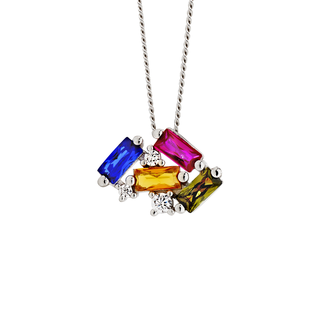 Sterling Silver staggered rnd & baguette multi colour cz pendant