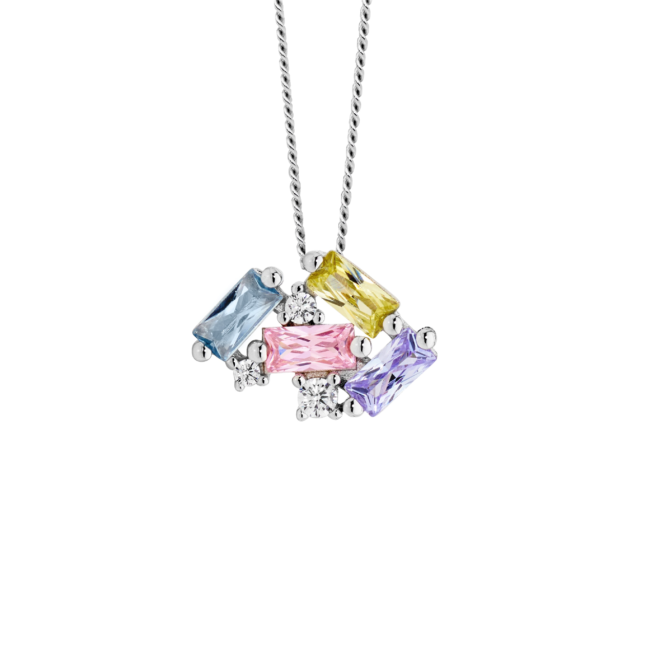 Sterling Silver staggered rnd & baguette pastel colour cz pendant