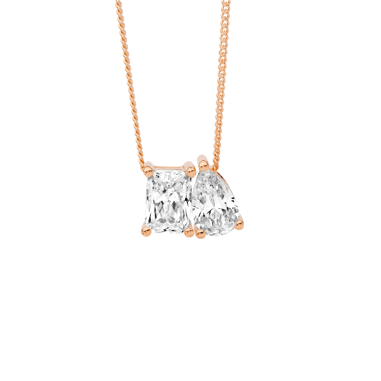 ROSE GOLD PLATED EMERALD CUT & PEAR CZ DOUBLE PENDANT