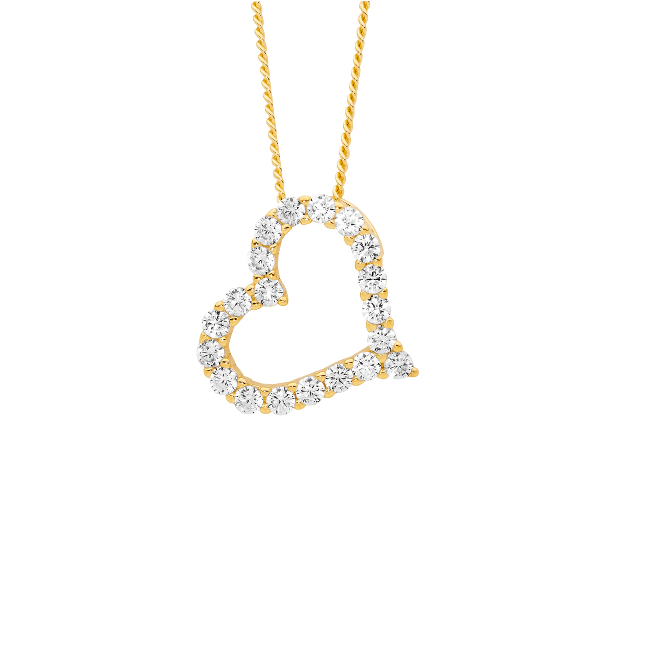 Sterling Silver White CZ 13mm open heart on angle pendant  with gold plating