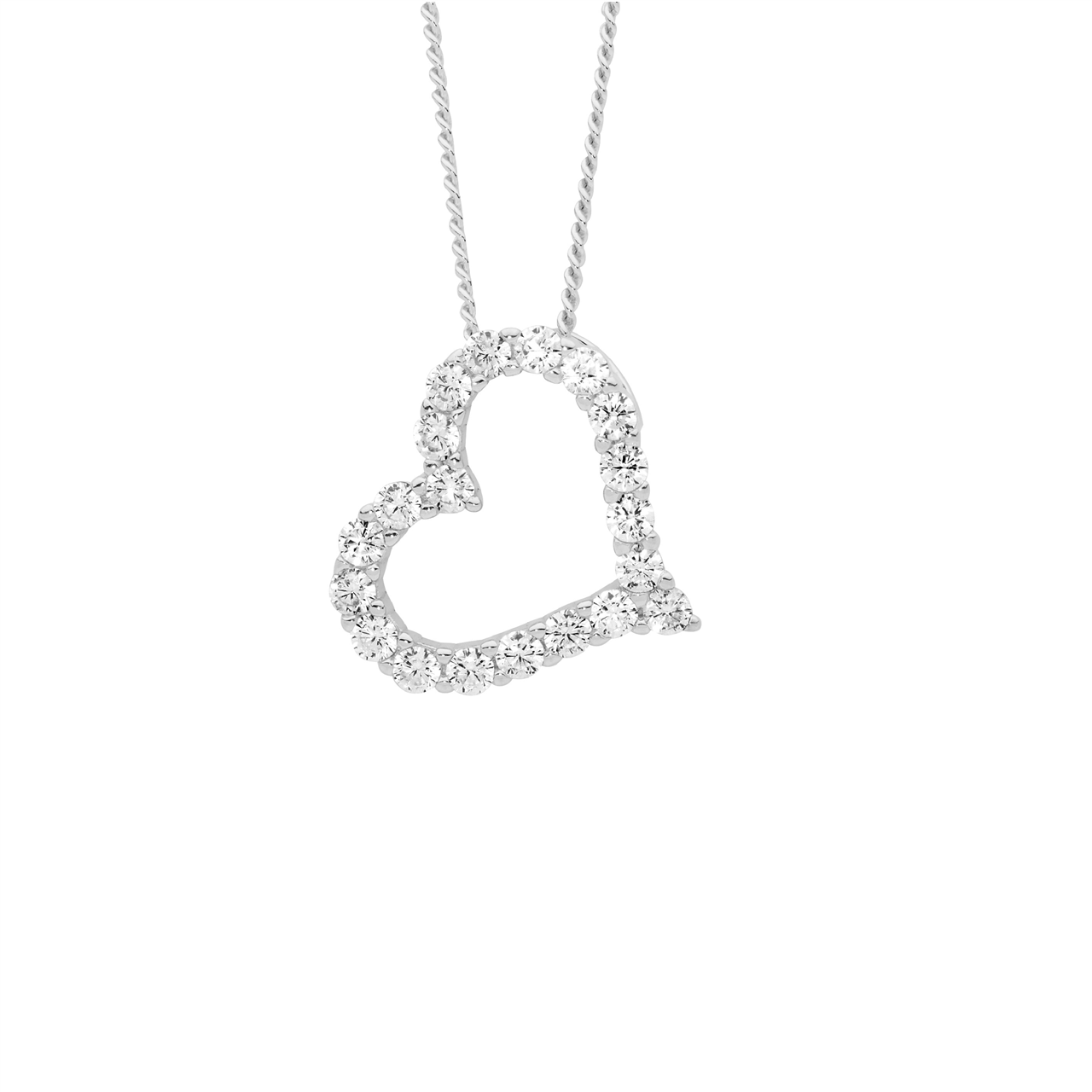 Sterling Silver White CZ 13mm open heart on angle pendant