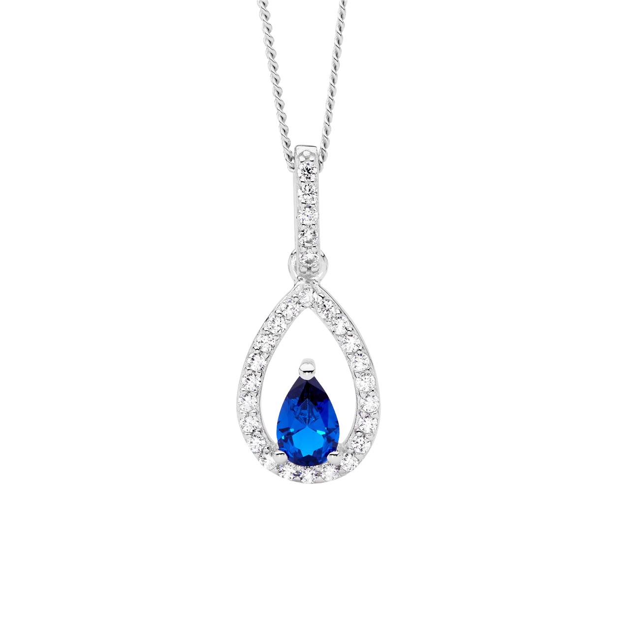 Sterling Silver White CZ open pear  with  dark blue pear cz cntr drop pendant