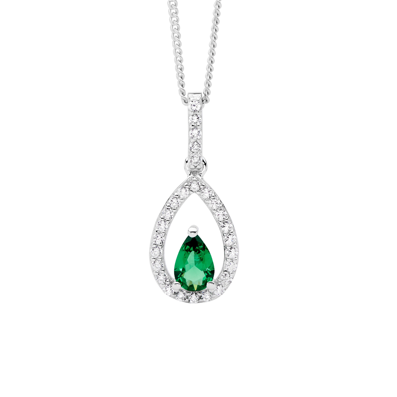 Sterling Silver White CZ open pear  with  green pear cz cntr drop pendant