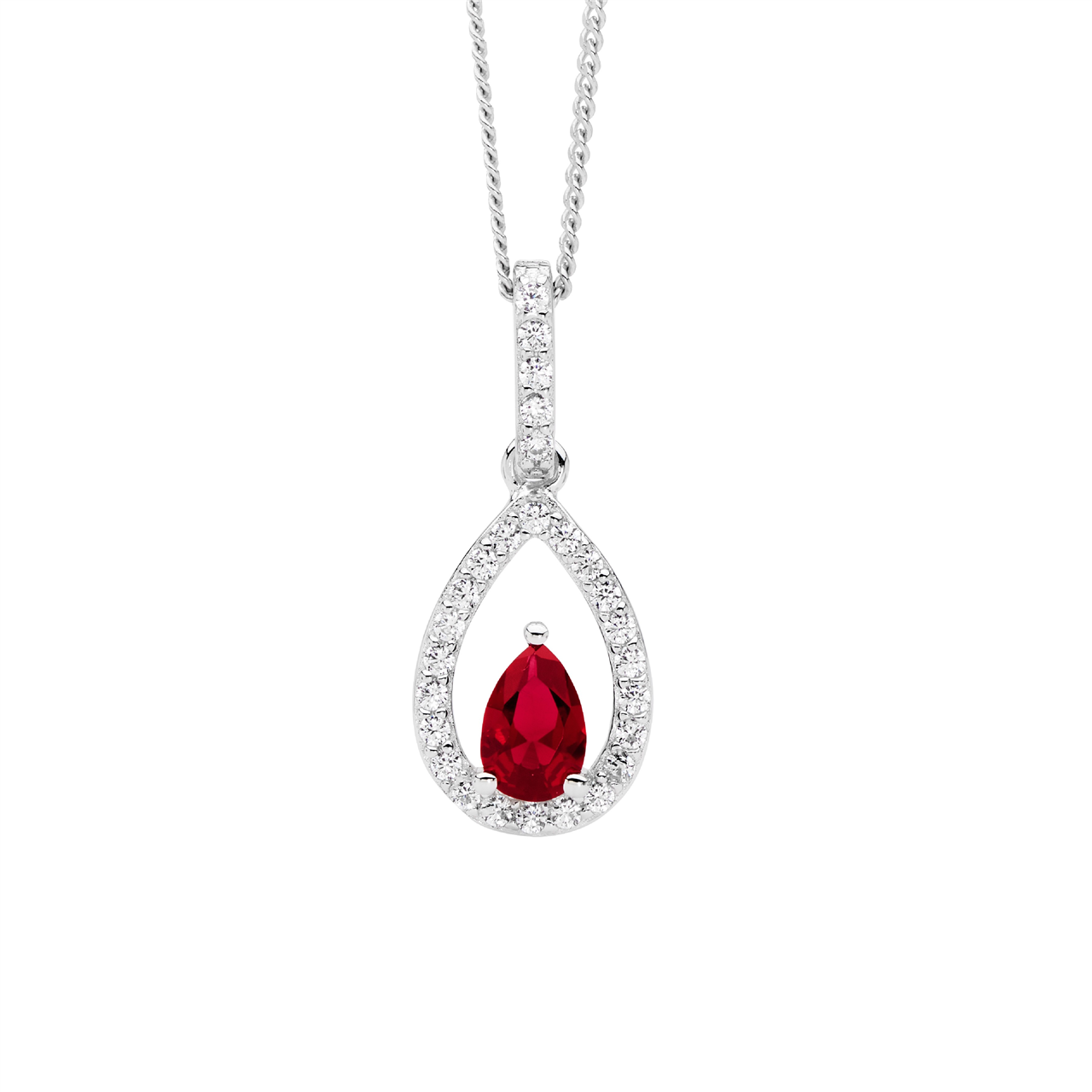 Sterling Silver White CZ open pear  with  red pear cz cntr drop pendant