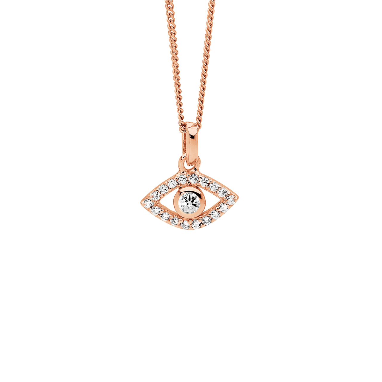 Sterling Silver White CZ bezel set evil eye pendant  with rose gold plating