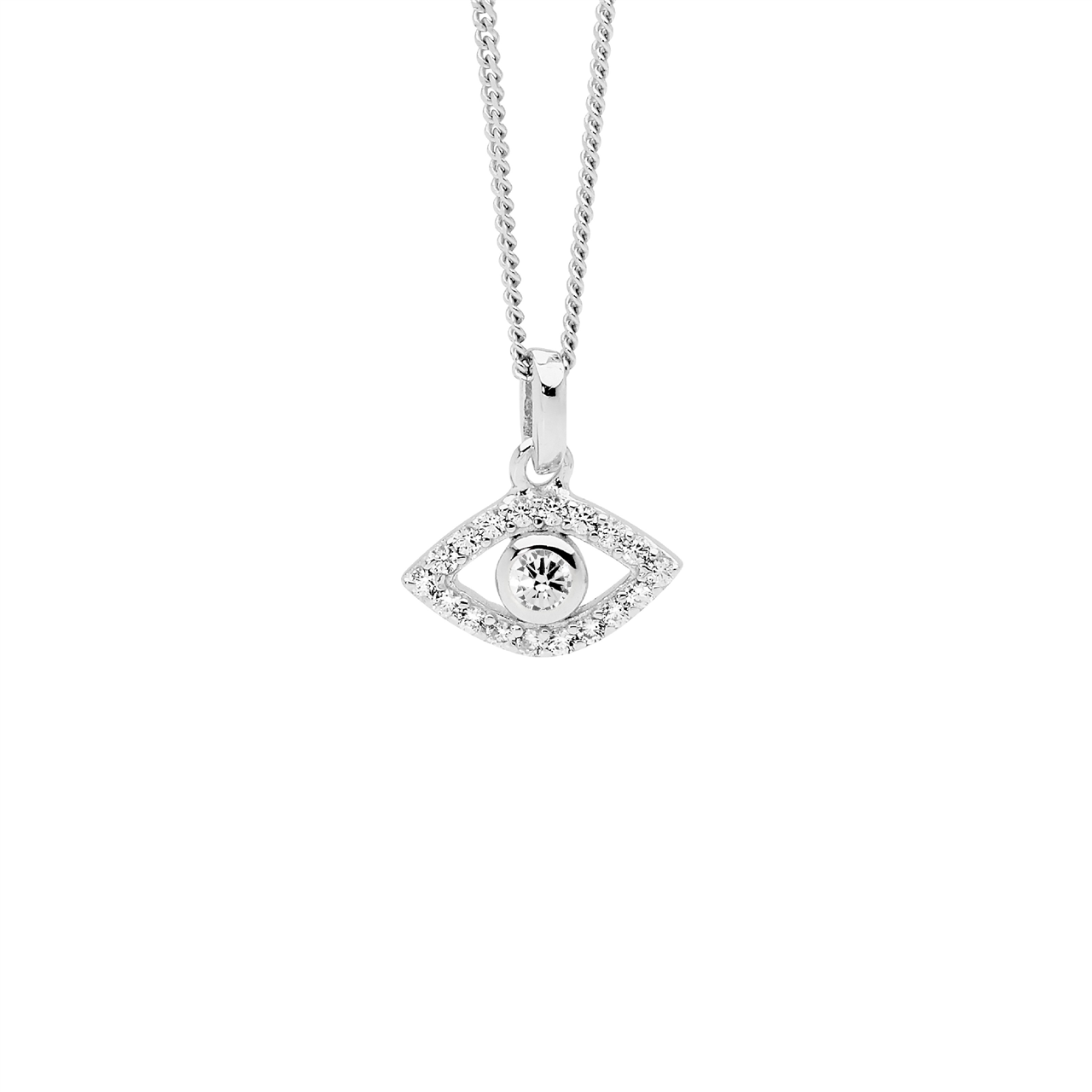 Sterling Silver White CZ bezel set evil eye pendant