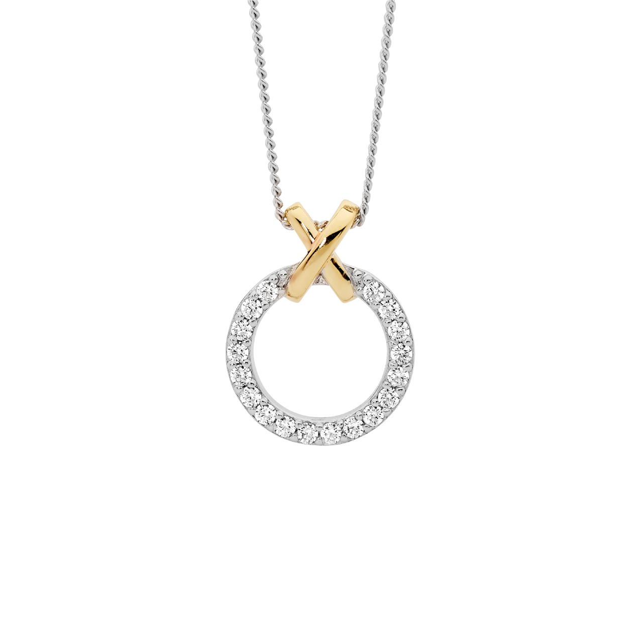 Sterling Silver White CZ 13mm circle  with gold plated x" pendant