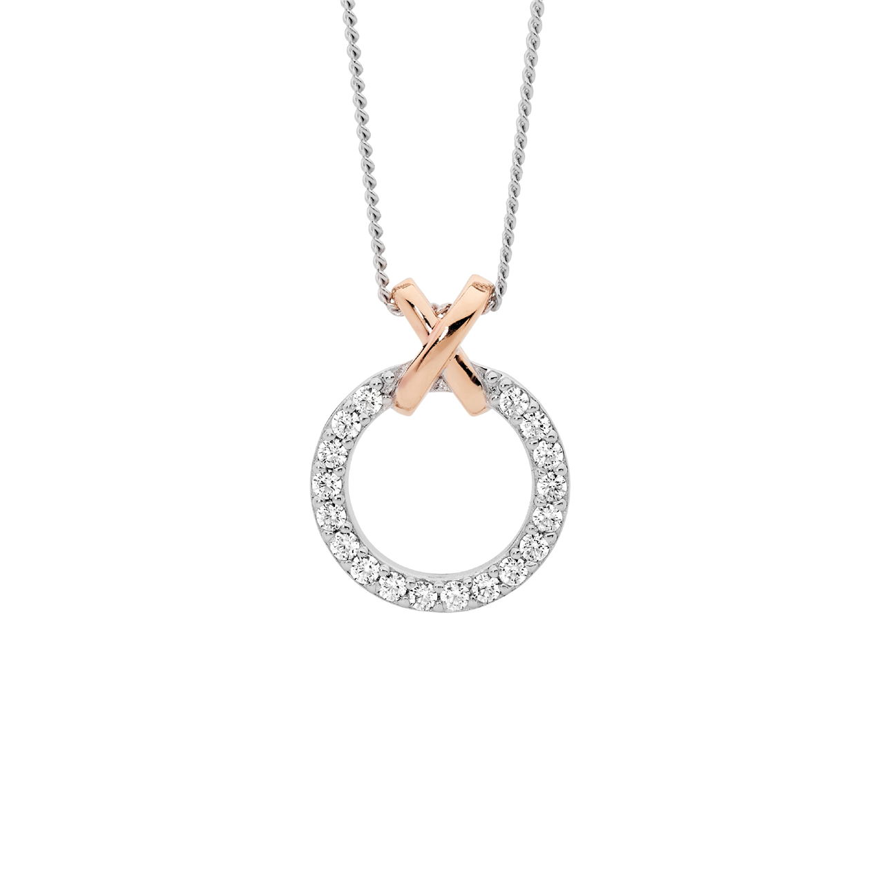 Sterling Silver White CZ 13mm circle  with rose gold plated x" pendant