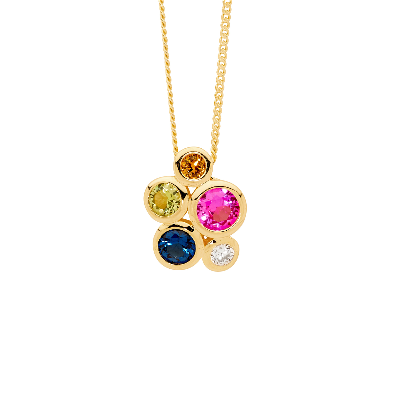 Sterling Silver bezel set multi colour cz cluster pendant  with gold plating