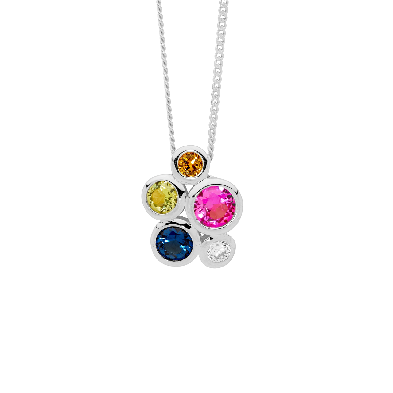 Sterling Silver bezel set multi colour cz cluster pendant