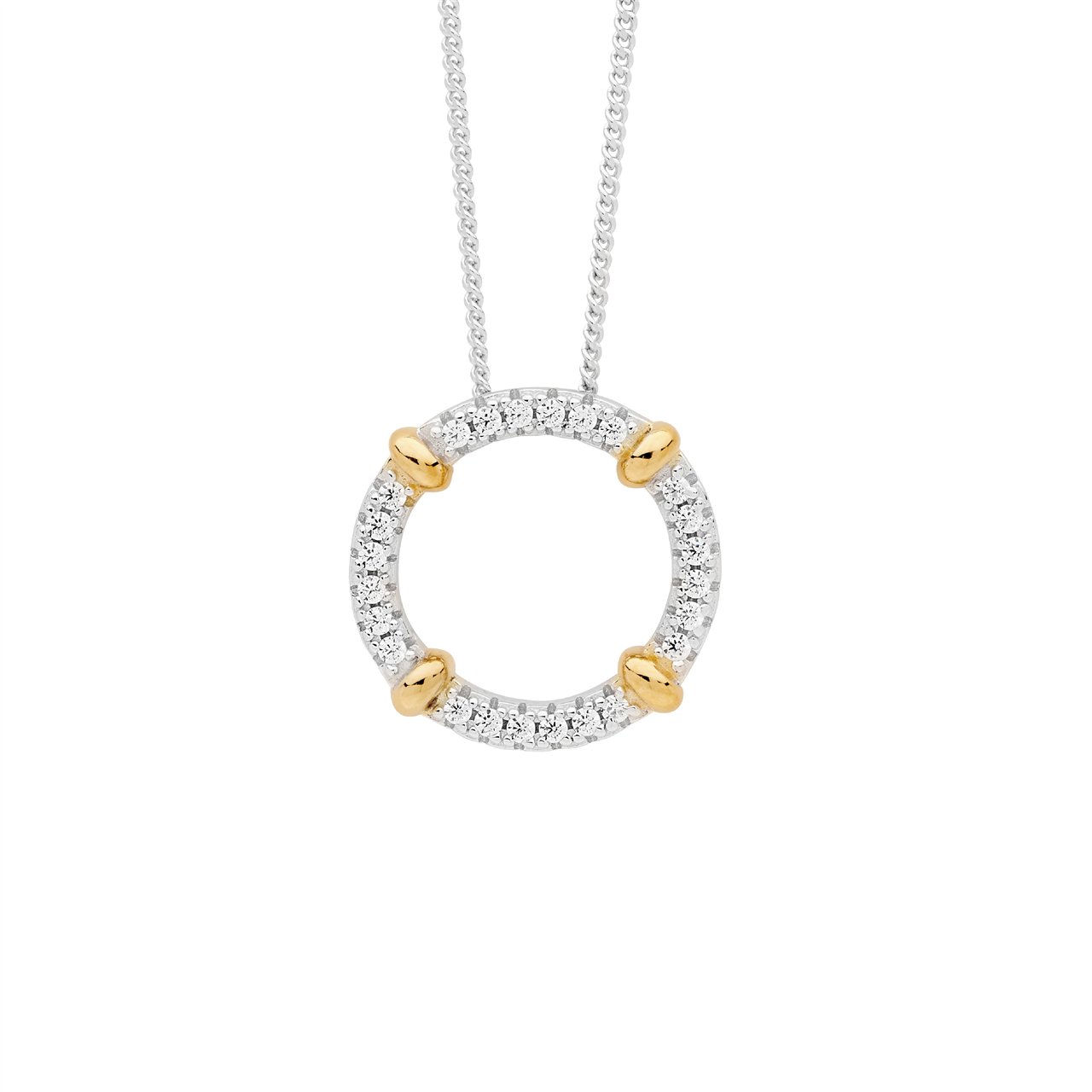 Sterling Silver 16mm White CZ circle pendant  with  4x gold plated bands