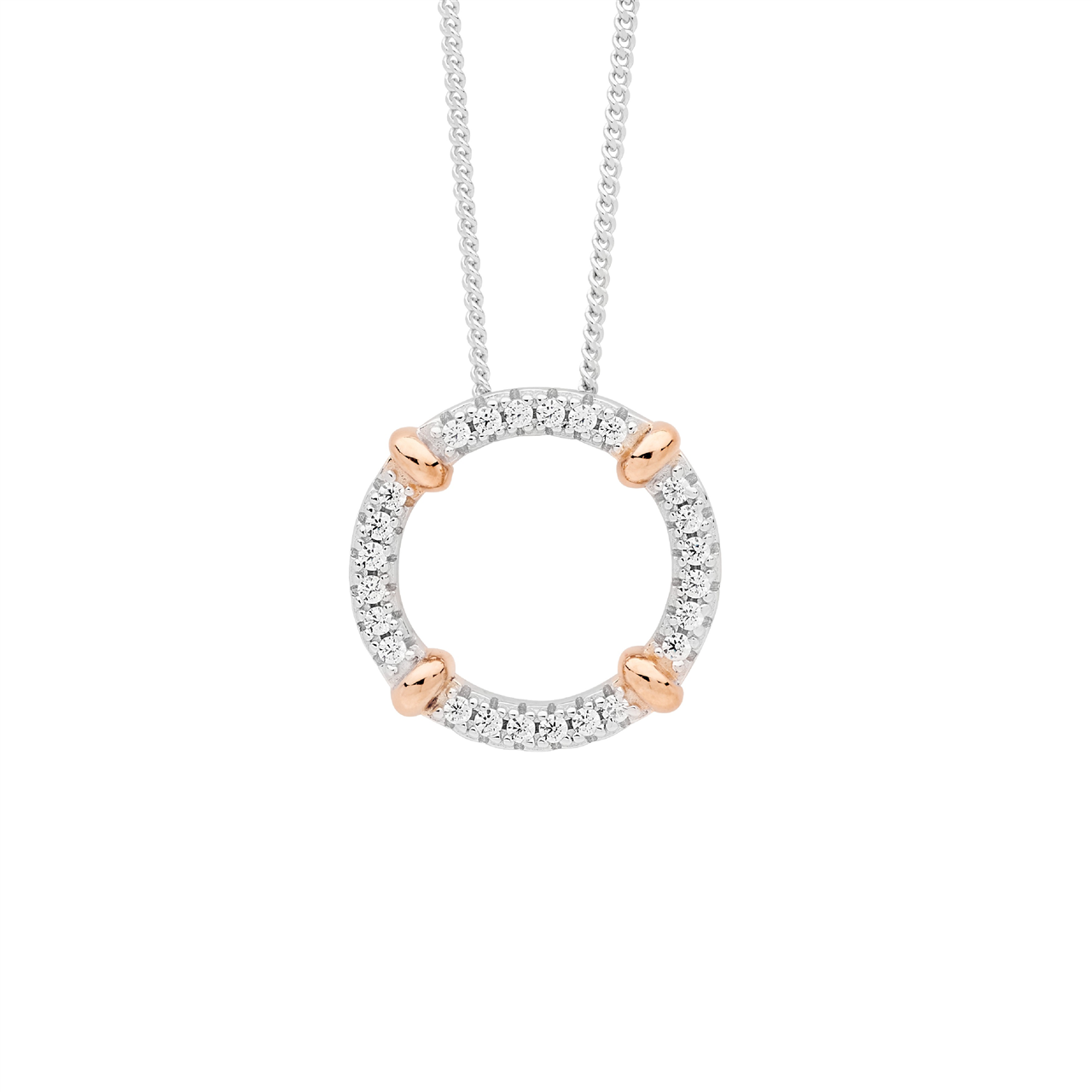 Sterling Silver 16mm White CZ circle pendant  with  4x rose gold plated bands