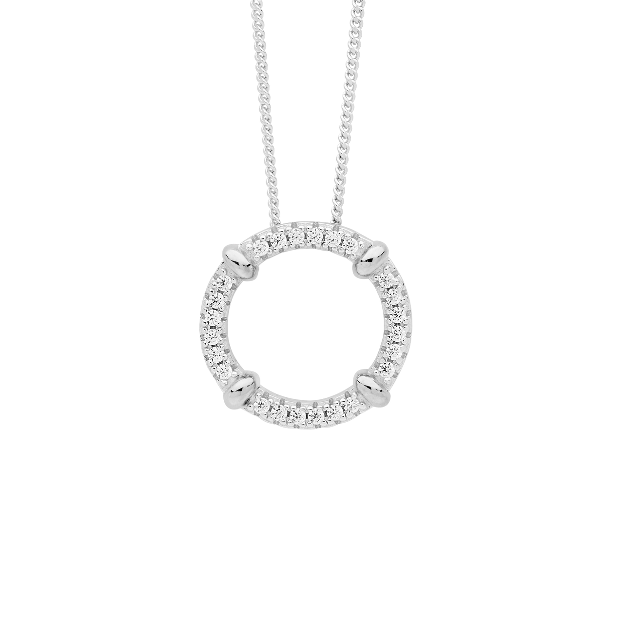 Sterling Silver 16mm White CZ circle pendant  with  plain silver bands