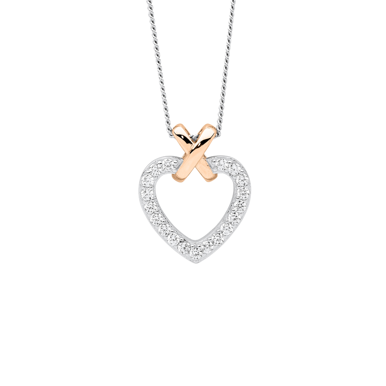 Sterling Silver White CZ heart  with rose gold plated x pendant