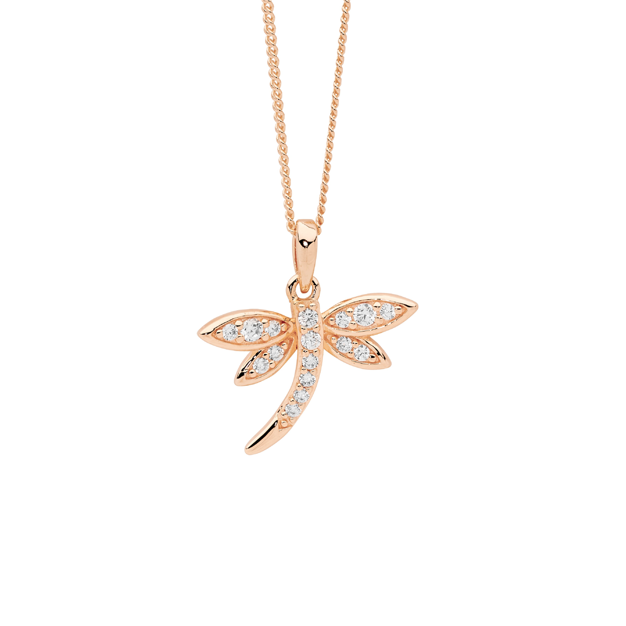Sterling Silver White CZ dragonfly pendant  with rose gold plating