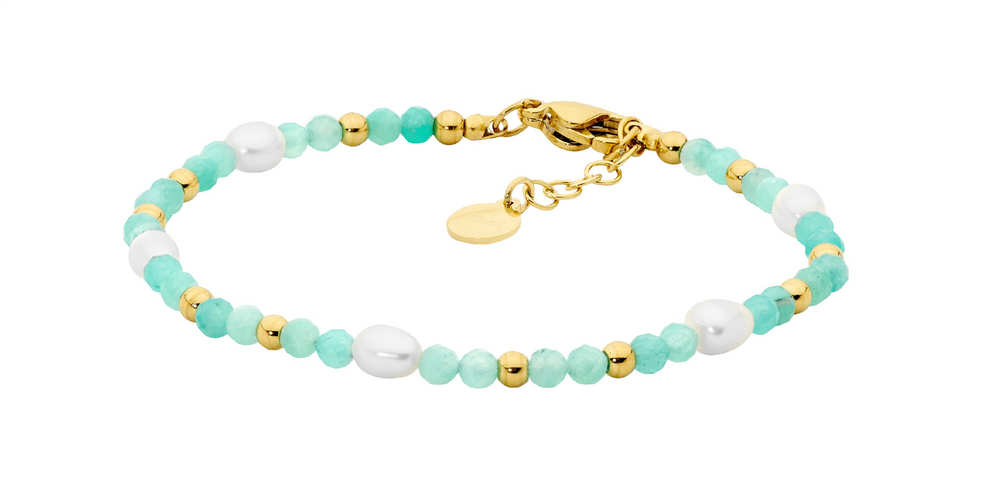 Stainless steel amazonite & freshwater pearl 17.5cm bracelet  with gold IP plating