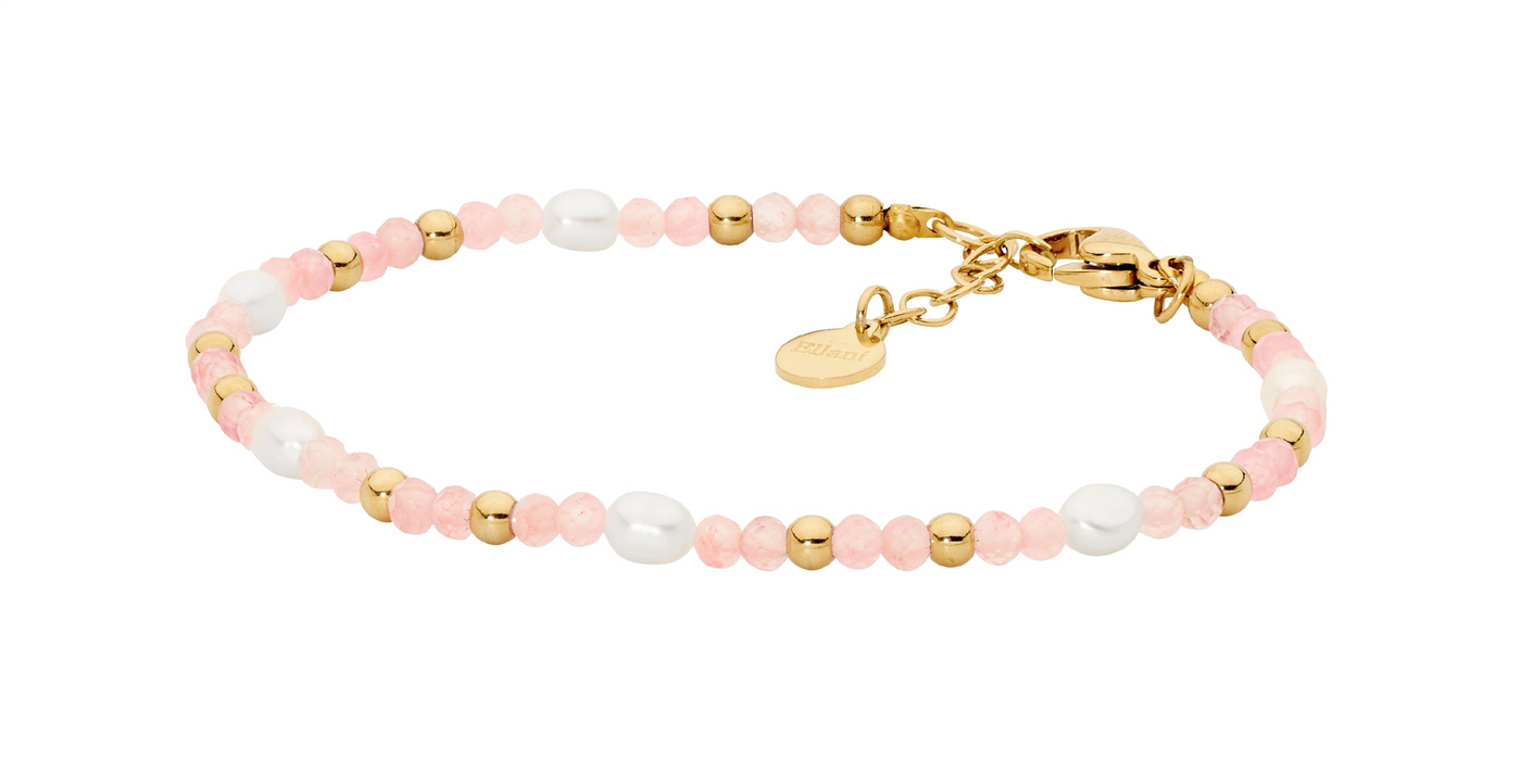 Stainless steel rose quartz & freshwater pearl 17.5cm bracelet  with gold IP plating