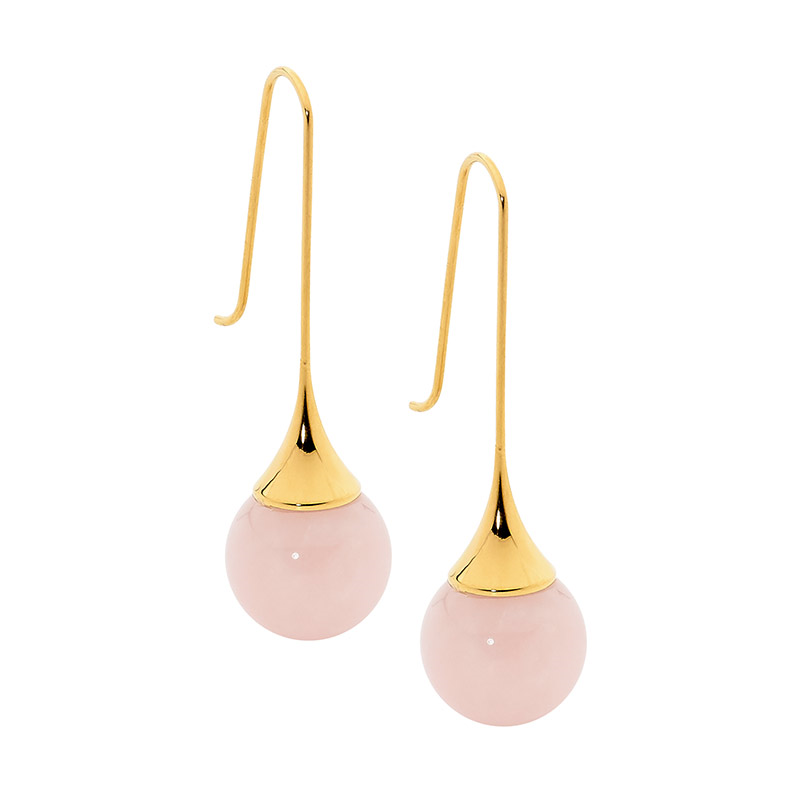 Stainless STEEL LONG DROP EARRINGS  with  ROSE QUARTZ BALL & GOLD IP PLATING