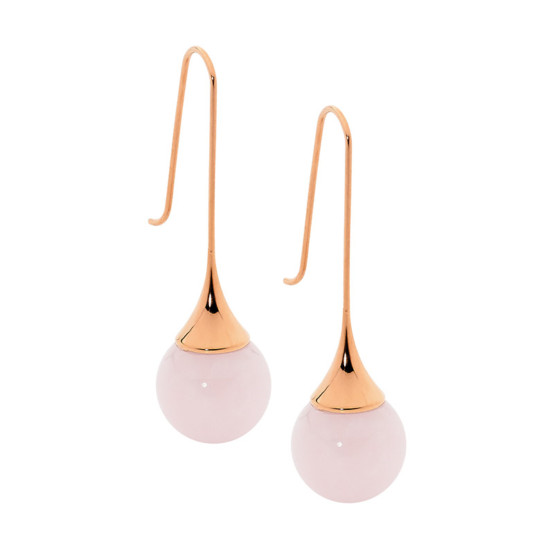 Stainless Steel Long Drop Earrings  with  Rose Quartz Ball & Rose Gold IP Plating