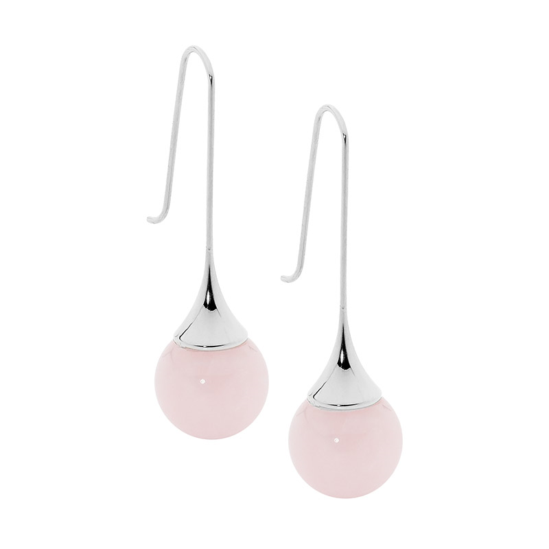 Stainless STEEL LONG DROP EARRINGS  with ROSE QUARTZ BALL