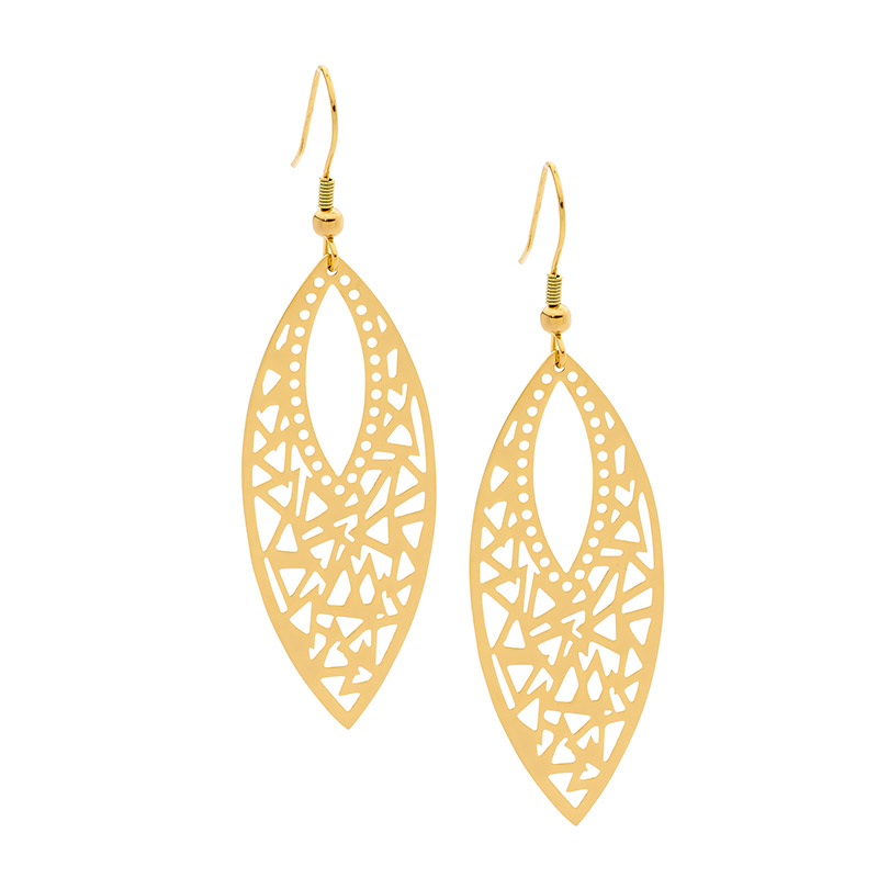 Stainless STEEL FILIGREE LEAF DROP EARRINGS  with GOLD IP PLATING