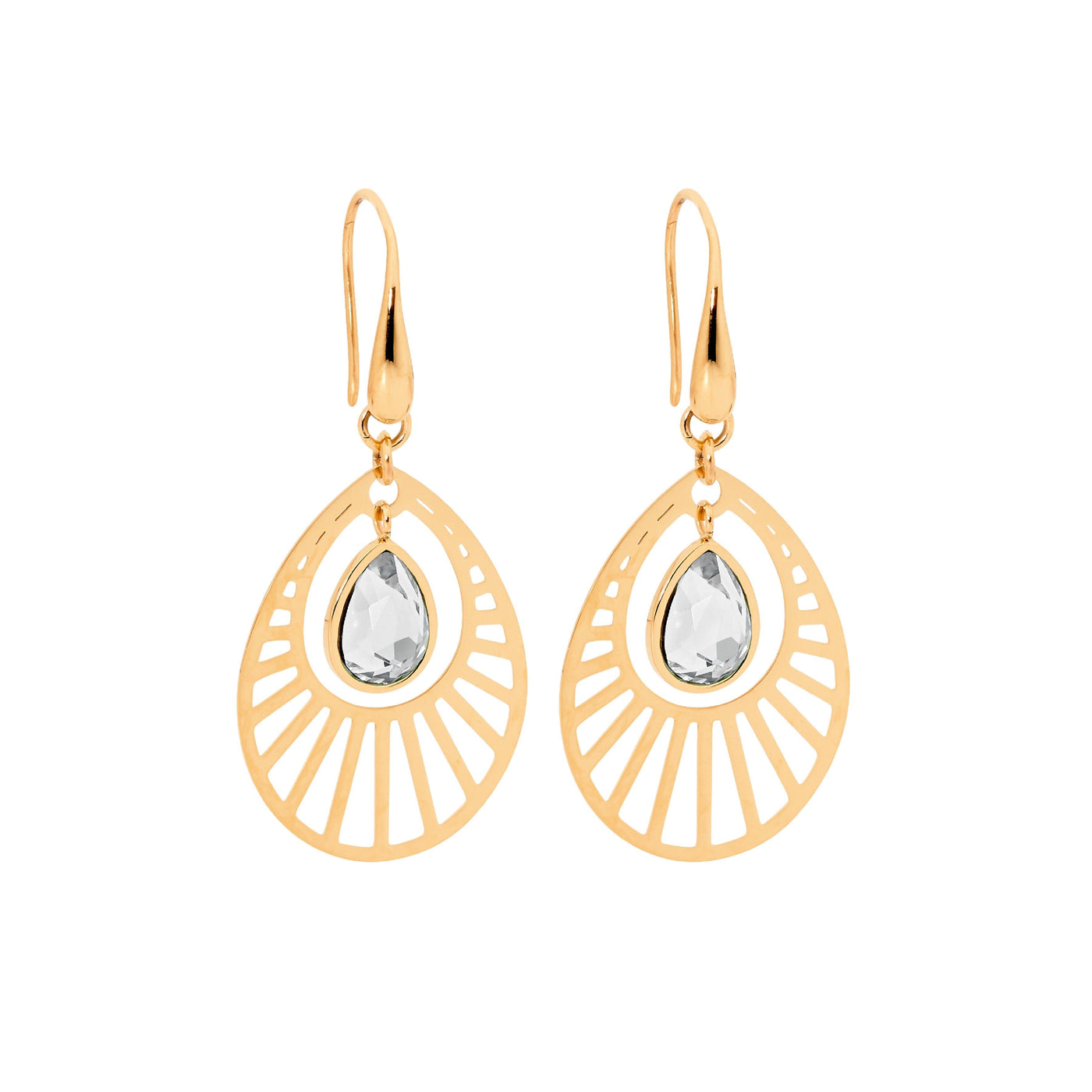 Stainless Steel Open Tear Drop Earrings  with  with Glass Tear & Rose Gold IP Plating