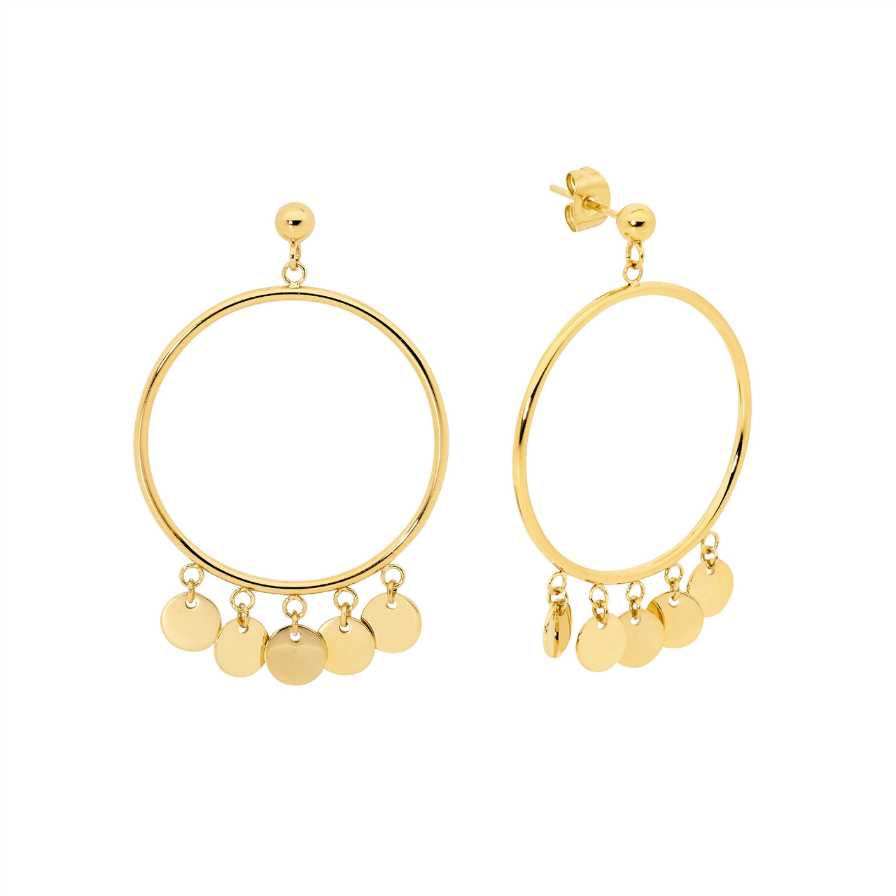 Stainless Steel 3cm Open Circle, 5x Disk Earrings & Gold IP Plating