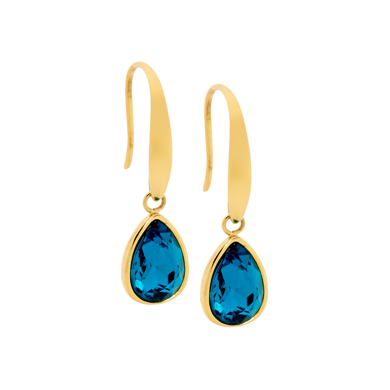 Stainless Steel Tear Drop Earring  with  BLUE Glass & GOLD IP PLATING