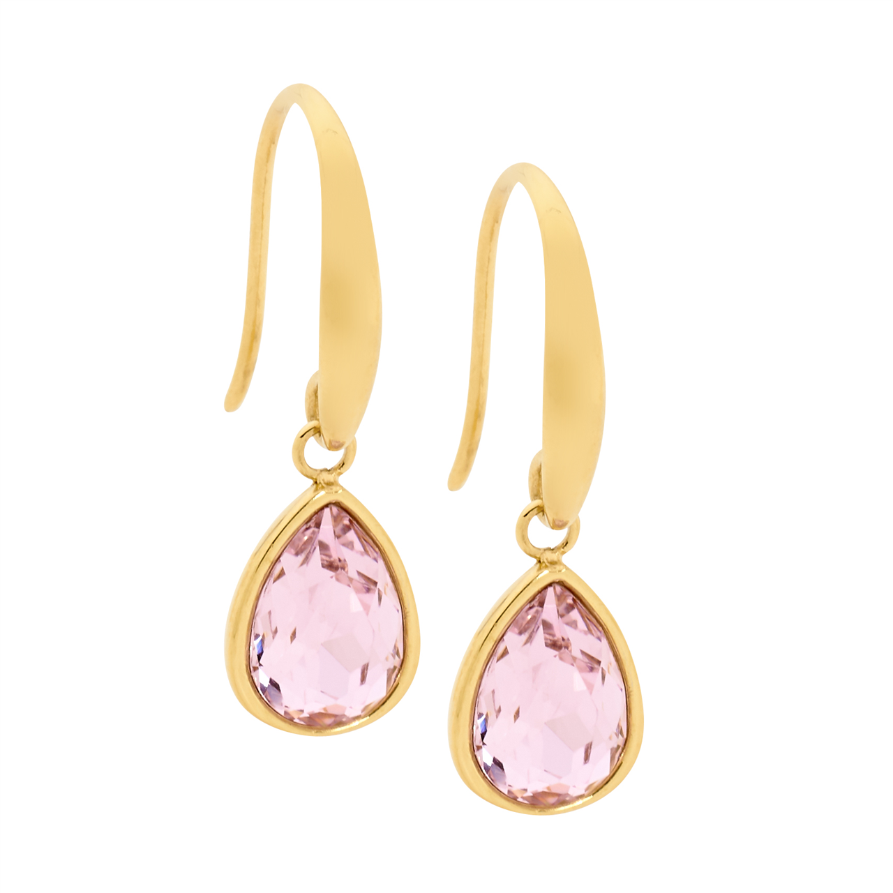 Stainless Steel Tear Drop Earrings  with  Pink Glass & Gold IP Plating