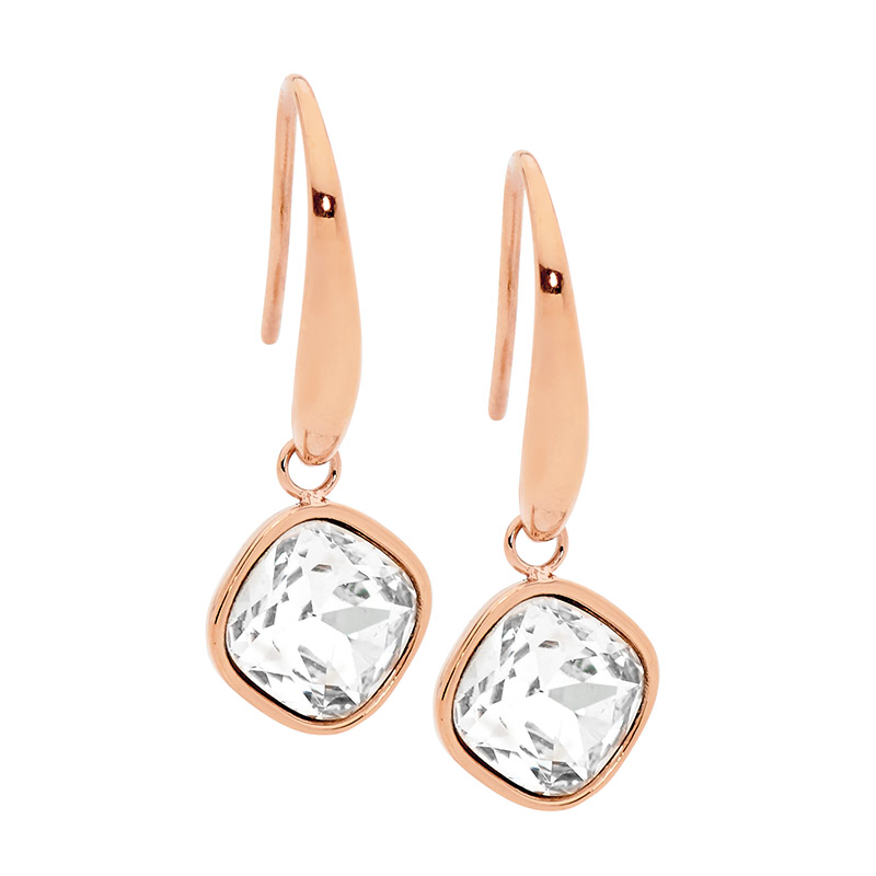 Stainless Steel Clear Glass Square Drop Earrings  with  Rose Gold IP Plating