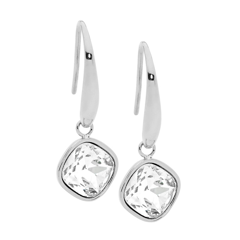 Stainless Steel Clear Glass Square Drop Earrings