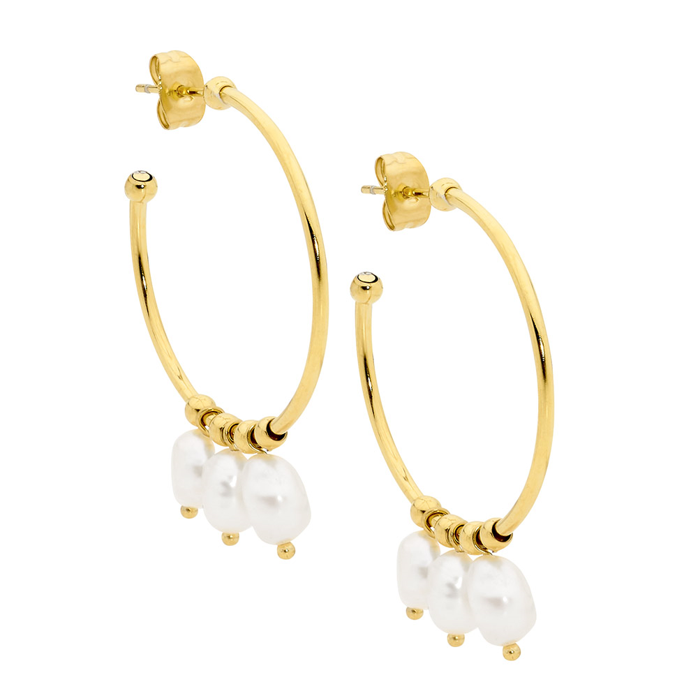 Stainless steel 3cm hoop earrings  with 3 x freshwater pearls & gold IP plating