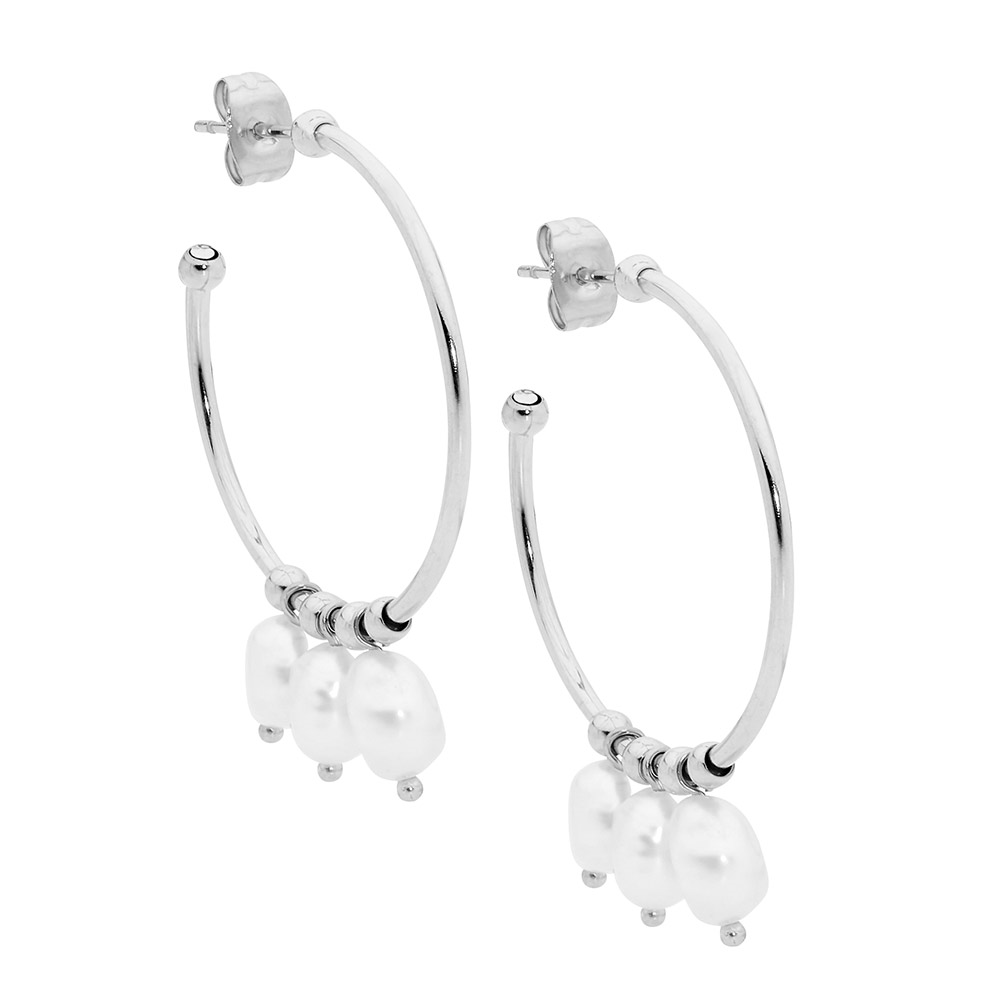 Stainless steel 3cm hoop earrings  with 3 x freshwater pearls