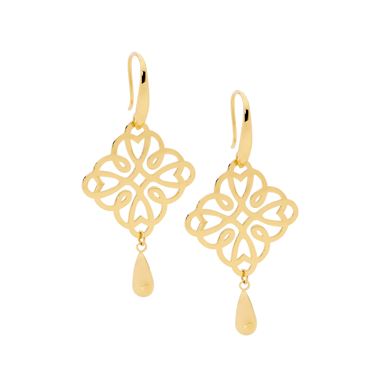 Stainless steel filigree square earring with  drop tear, all gold IP plating