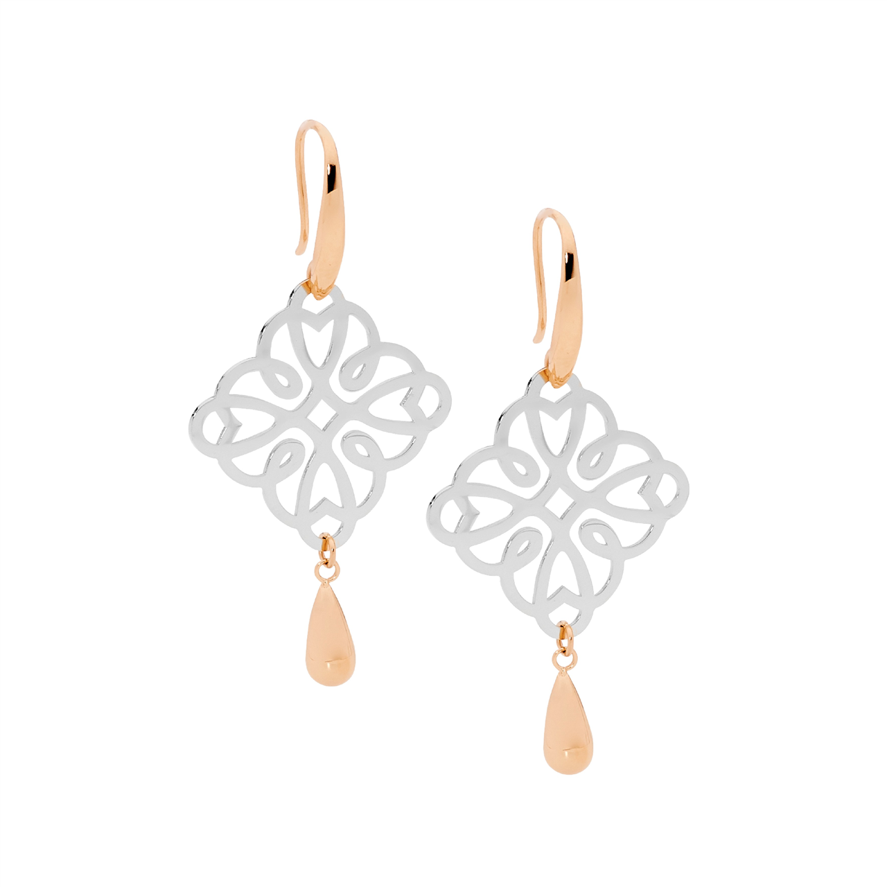 Stainless steel filigree square earring with drop tear, 2 tone rose gold IP plating